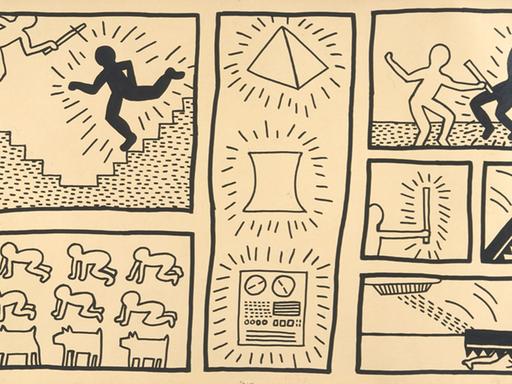 Keith Haring: Ohne Titel (1980), Tinte auf Plakatkarton. Das Bild zeigt zwei Comic-Figuren im Kampf miteinander.