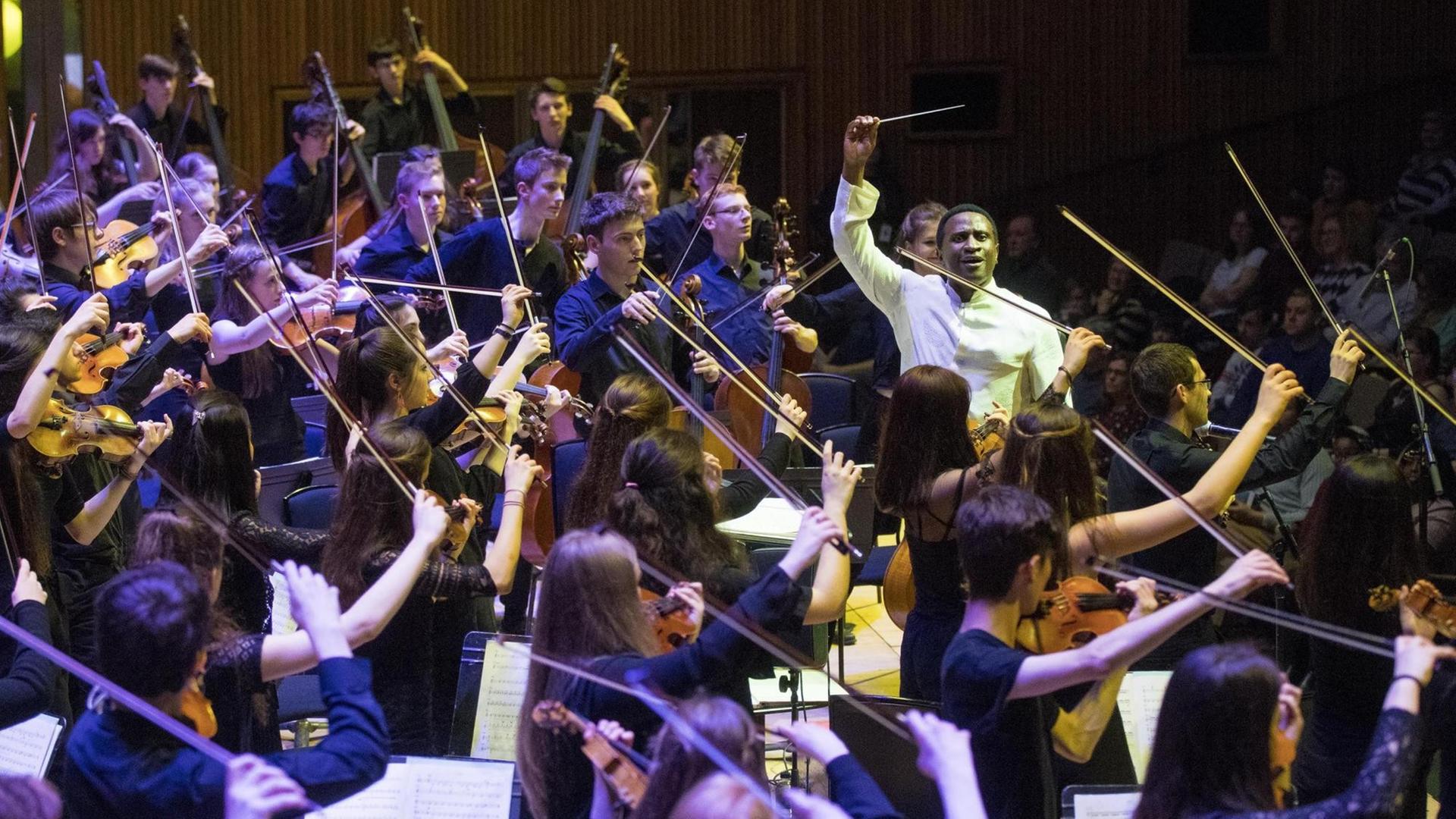 Das junge Orchester in großer Schlusspose, bei der alle Geigenbögen für einen Moment in der Luft gehalten werden. Das junge Orchester in großer Schlusspose, bei der alle Geigenbögen für einen Moment in der Luft gehalten werden.