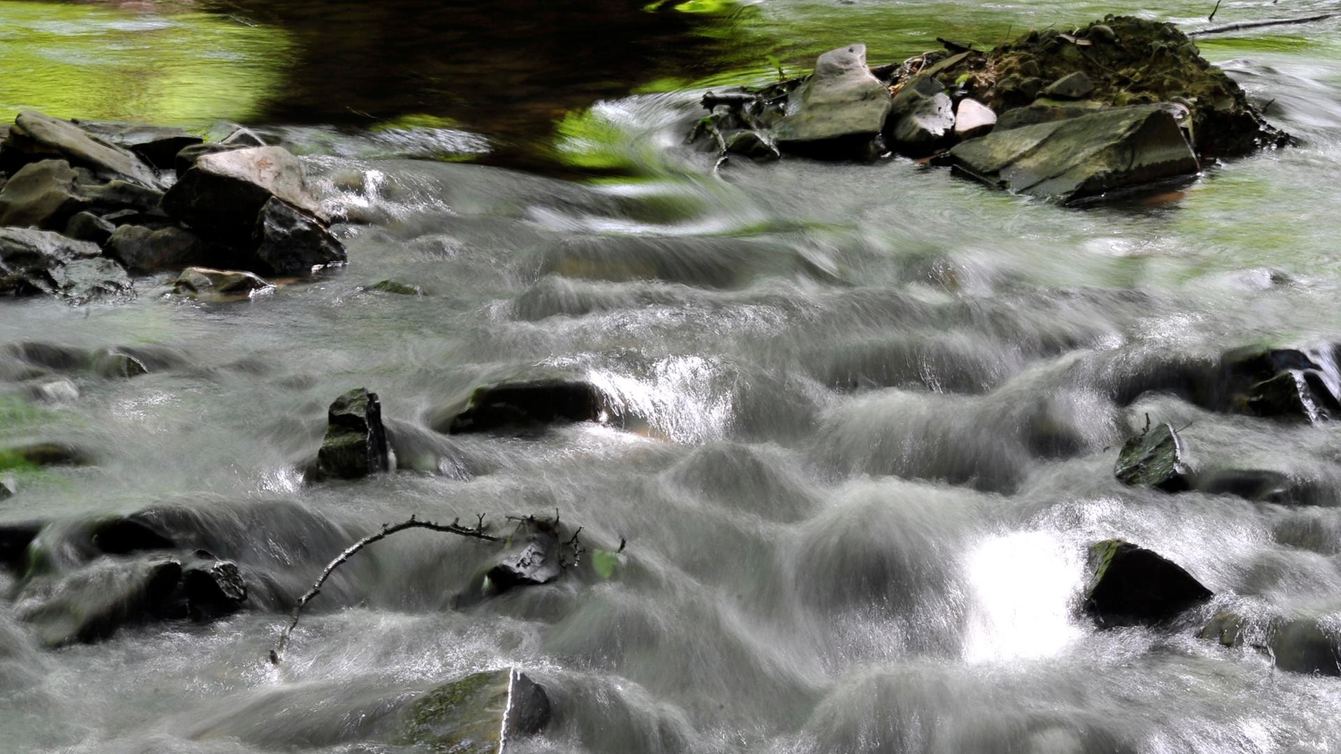 Wasser fließt durch einen Bach. Wasser fließt durch einen Bach.