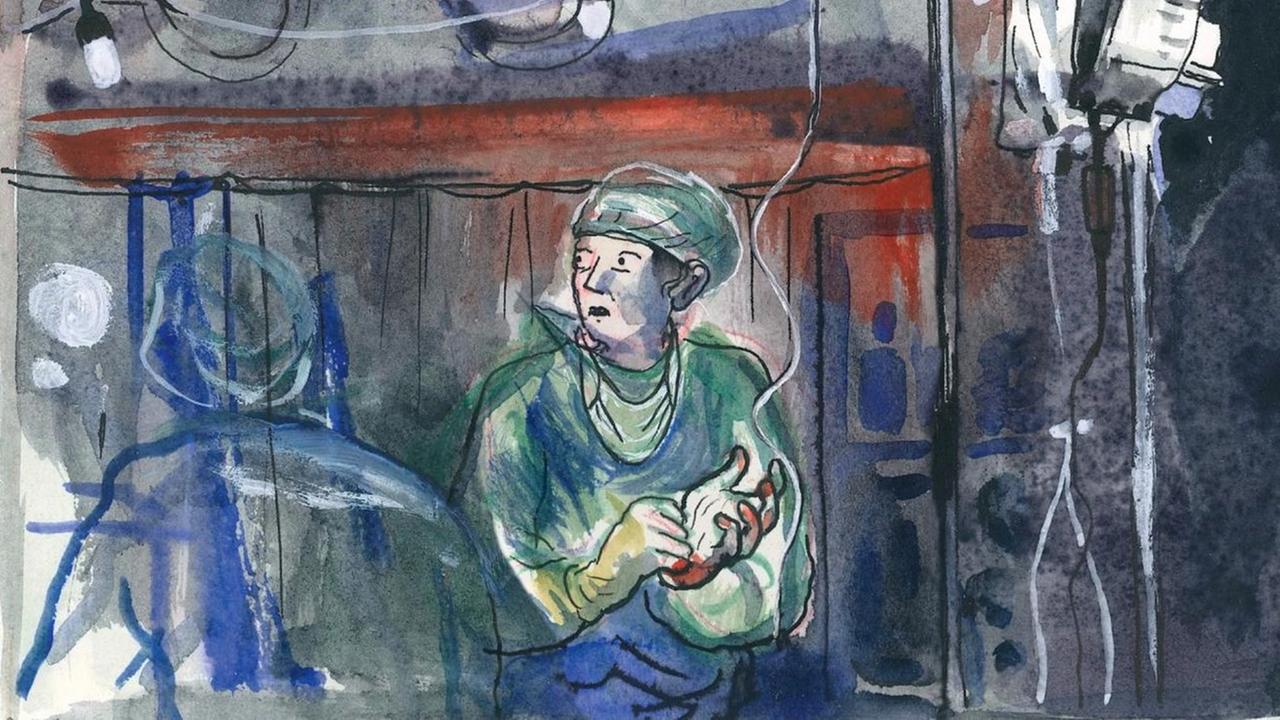 Bild aus dem Comic "Penelopes zwei Leben": Eine Person, vermutlich eine Ärztin, in grünem Op-Kittel und mit OP-Haube, an den Schutzhandschuhen klebt Blut. Sie schaut sorgenvoll.