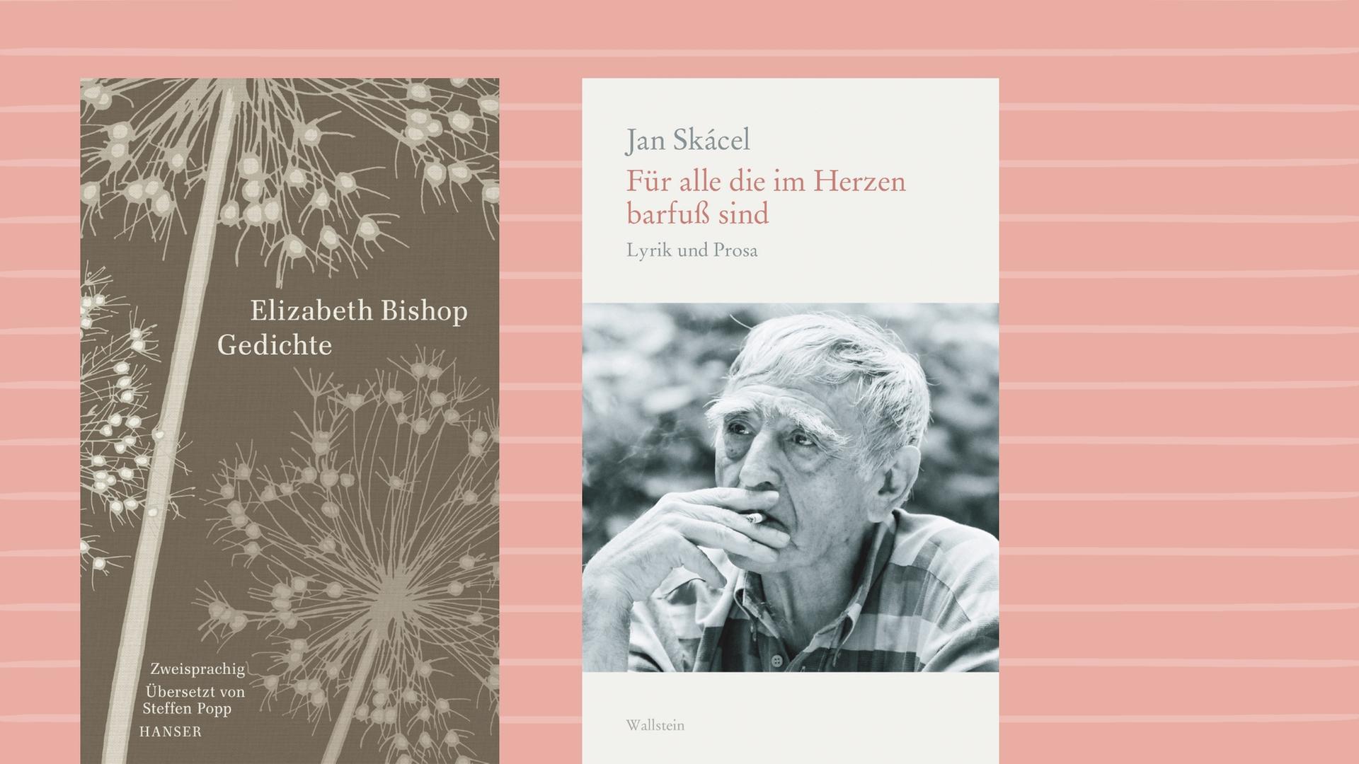 Buchcover links: Elizabeth Bishop: „Gedichte“, Buchcover rechts: Jan Skácel: „Für alle die im Herzen barfuß sind. Lyrik und Prosa“ Buchcover links: Elizabeth Bishop: „Gedichte“, Buchcover rechts: Jan Skácel: „Für alle die im Herzen barfuß sind. Lyrik und Prosa“