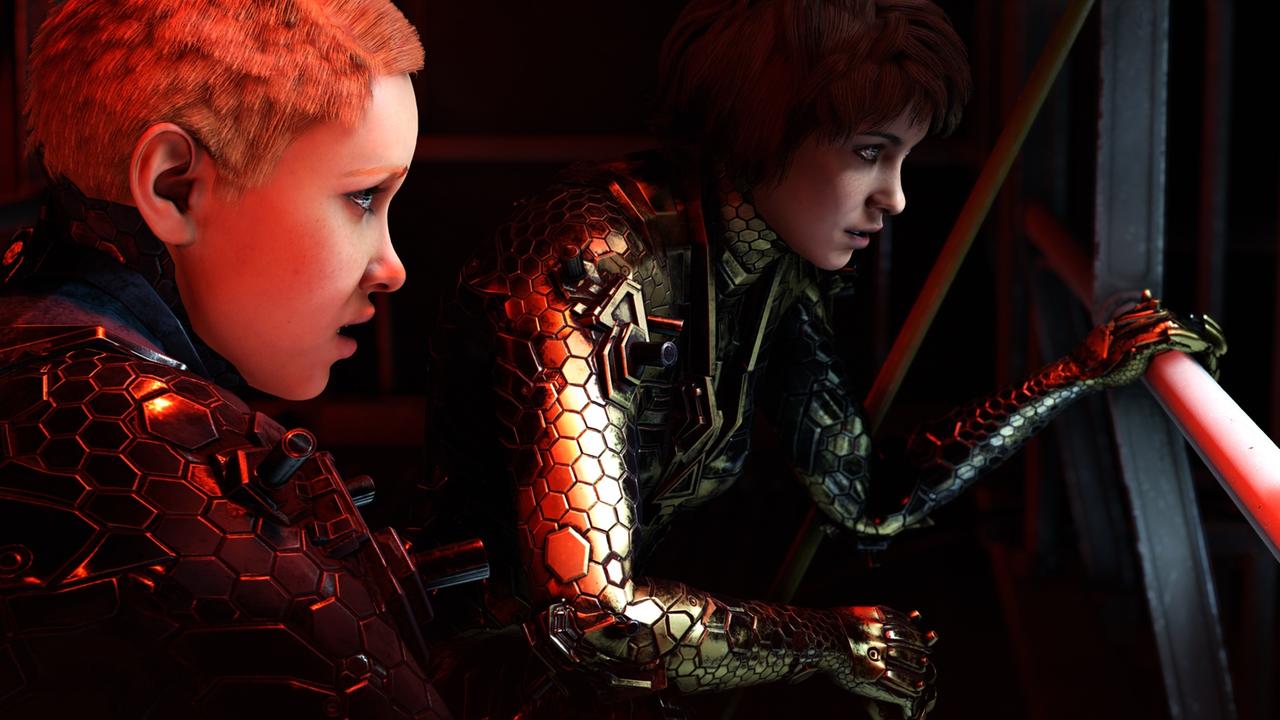Szene aus dem Computerspiel: zwei Frauen schauen aus durch ein Gerüst. Szene aus dem Computerspiel: zwei Frauen schauen aus durch ein Gerüst.