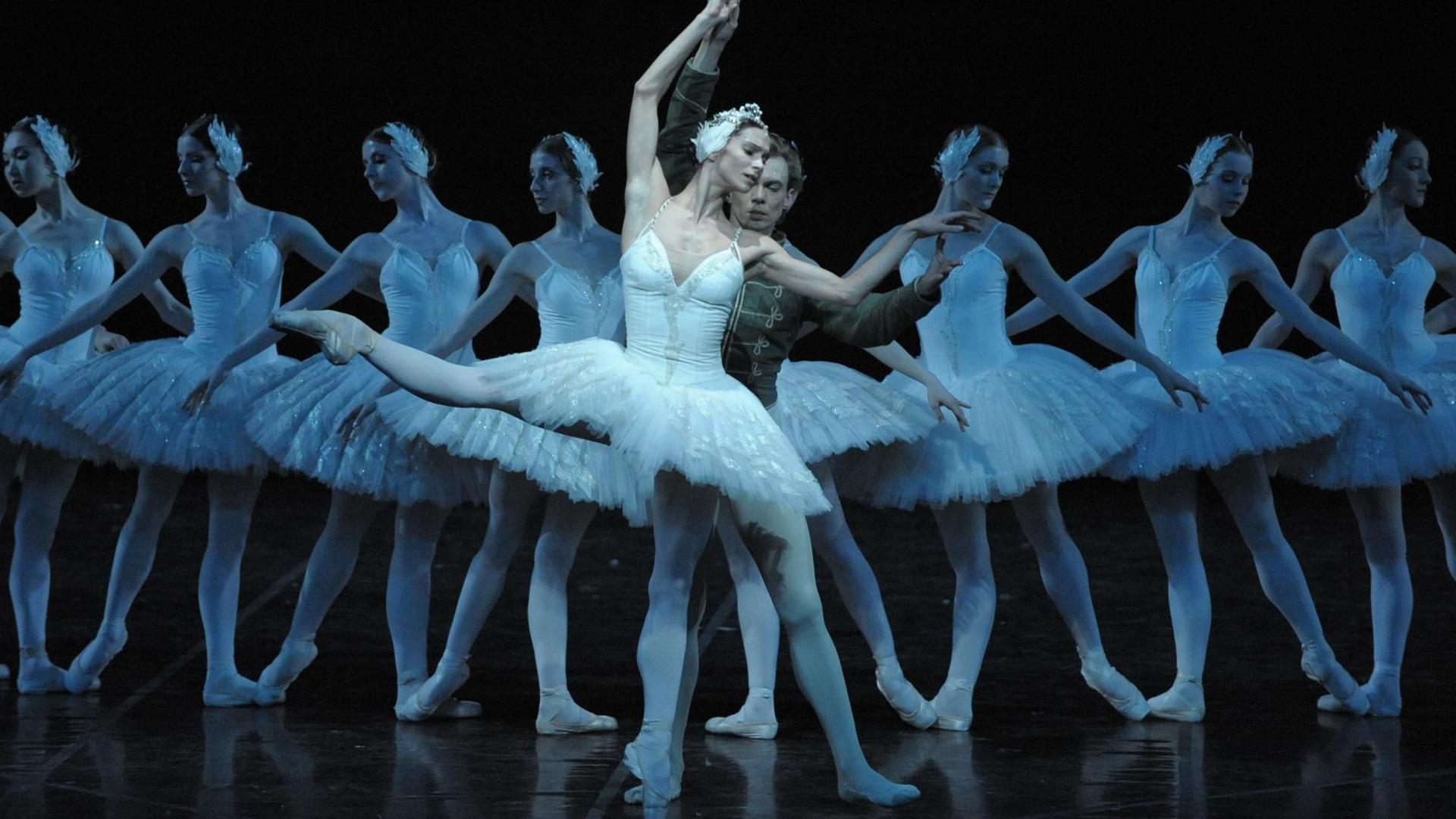 Im Vordergrund tanzen eine Ballerina und ein Tänzer, im Hintergrund sieben Tänzerinnen den "Schwanensee". Im Vordergrund tanzen eine Ballerina und ein Tänzer, im Hintergrund sieben Tänzerinnen den "Schwanensee".