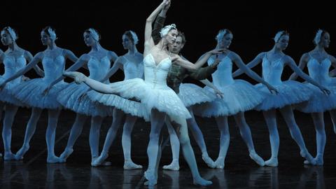 Im Vordergrund tanzen eine Ballerina und ein Tänzer, im Hintergrund sieben Tänzerinnen den "Schwanensee".
