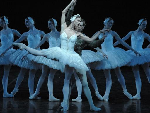 Im Vordergrund tanzen eine Ballerina und ein Tänzer, im Hintergrund sieben Tänzerinnen den "Schwanensee".