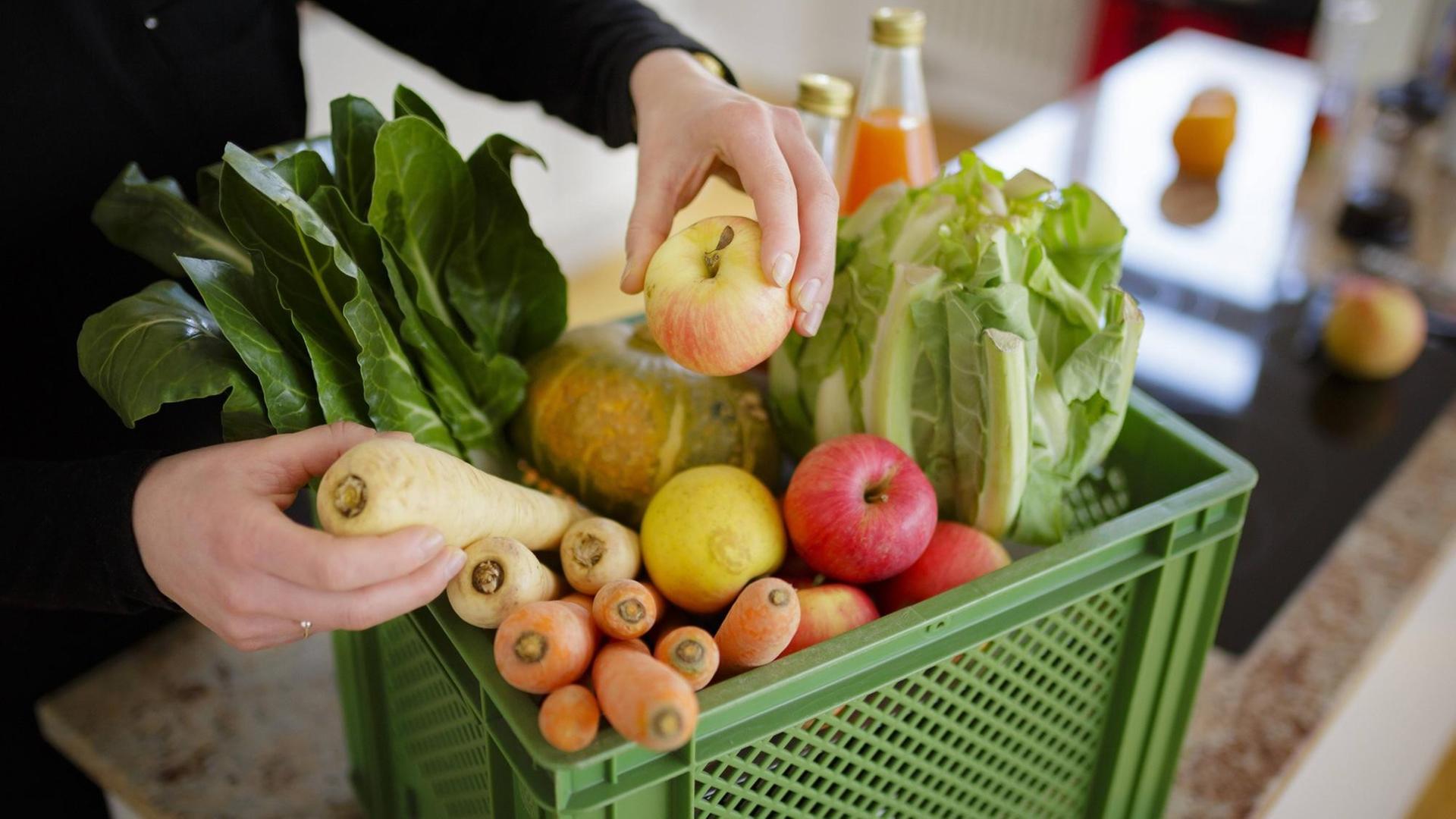 Die Hände einer Frau mit einer Biokiste mit Obst und Gemüse. Die Hände einer Frau mit einer Biokiste mit Obst und Gemüse.