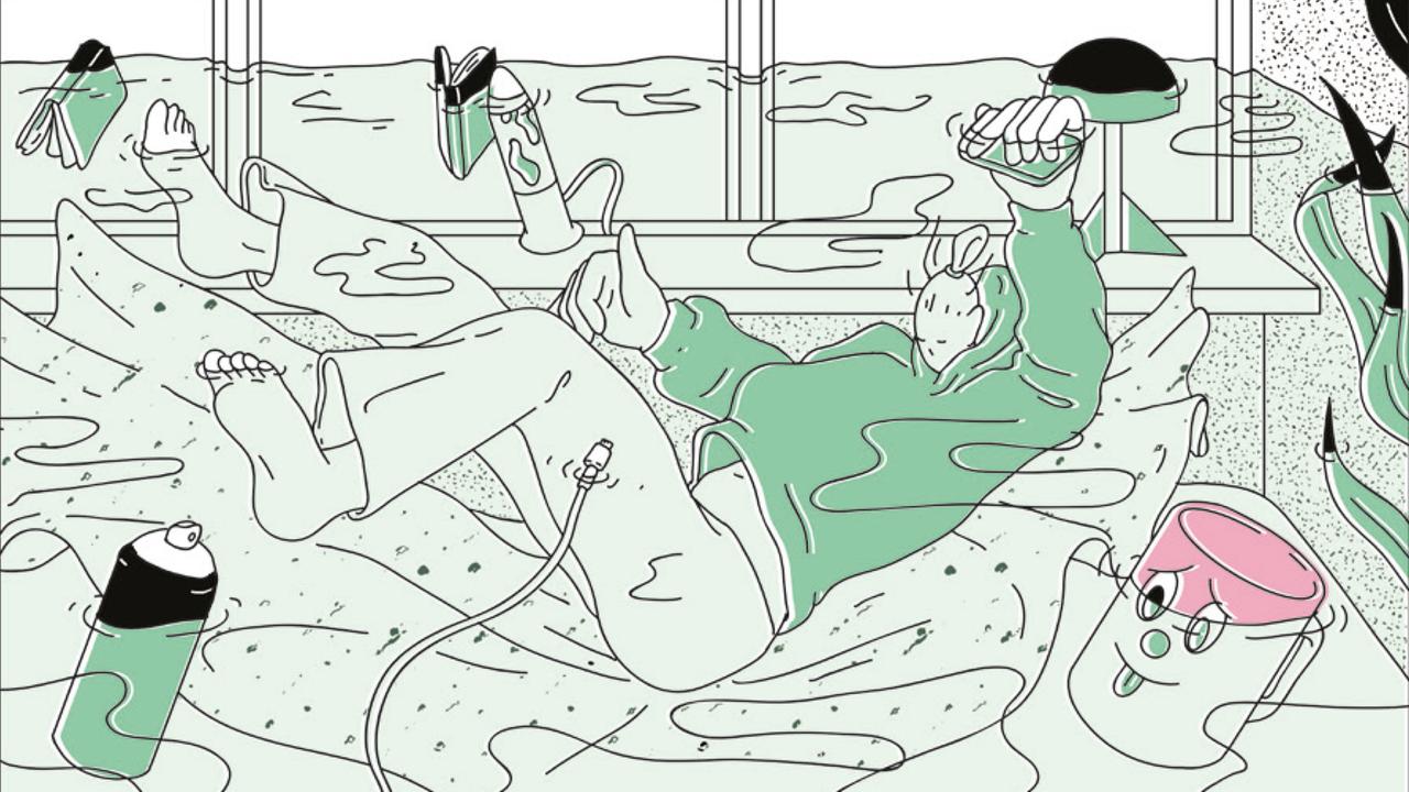 Ausschnitt aus dem Comic "IdentiKid". Eine weibliche Comicfigur schwebt unter Wasser, in einem gefluteten Zimmer. Ausschnitt aus dem Comic "IdentiKid". Eine weibliche Comicfigur schwebt unter Wasser, in einem gefluteten Zimmer.