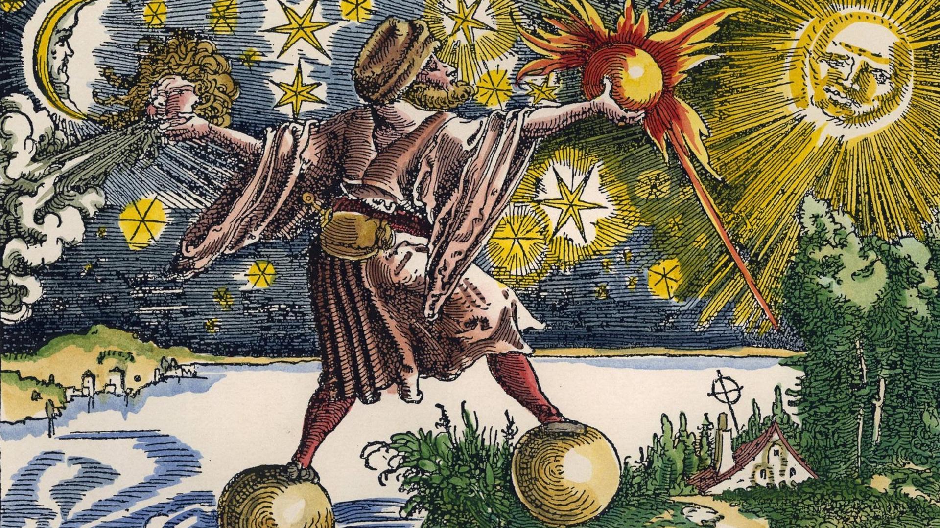 Ein (später colorierter) Holzschnitt zeigt einen Menschen auf zwei Kugeln schwebend über Wasser und Land. An ausgestreckten Armen hält er einen Feuerball und ein pustendes Gesicht. Daneben sind Sonne, Mond und Sterne. Ein (später colorierter) Holzschnitt zeigt einen Menschen auf zwei Kugeln schwebend über Wasser und Land. An ausgestreckten Armen hält er einen Feuerball und ein pustendes Gesicht. Daneben sind Sonne, Mond und Sterne.
