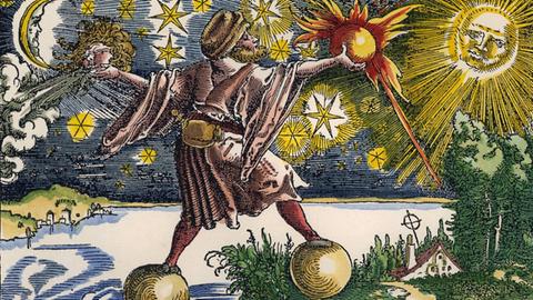 Ein (später colorierter) Holzschnitt zeigt einen Menschen auf zwei Kugeln schwebend über Wasser und Land. An ausgestreckten Armen hält er einen Feuerball und ein pustendes Gesicht. Daneben sind Sonne, Mond und Sterne.
