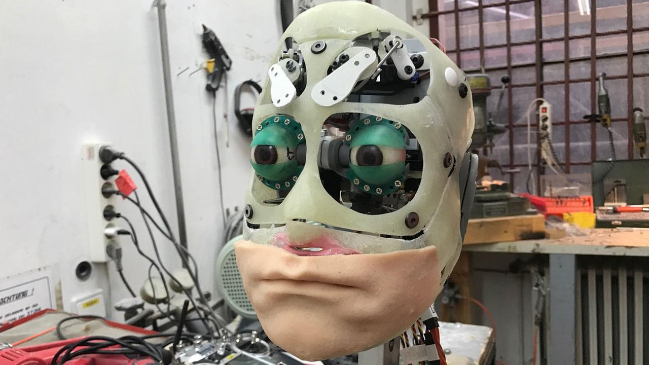 Kopf des Roboter-Doubles des Schriftstellers Thomas Melle: die Mundpartie aus Silikon, der obere Teil des Gesichts noch aus Metall. Kopf des Roboter-Doubles des Schriftstellers Thomas Melle: die Mundpartie aus Silikon, der obere Teil des Gesichts noch aus Metall.