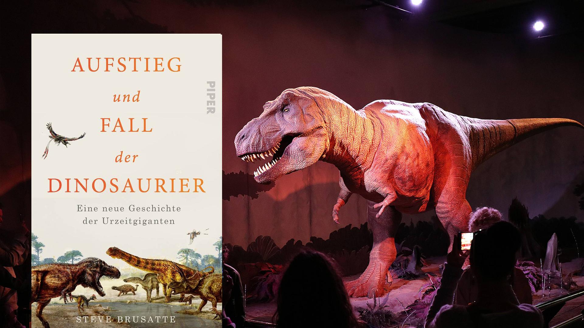 Cover von Steve Brusattes Buch "Aufstieg und Fall der Dinosaurier". Im Hintergrund ist ein Foto zu sehen, das zeigt wie Besucher einen Tyrannosaurus im "Natural History Museum" in London betrachten.