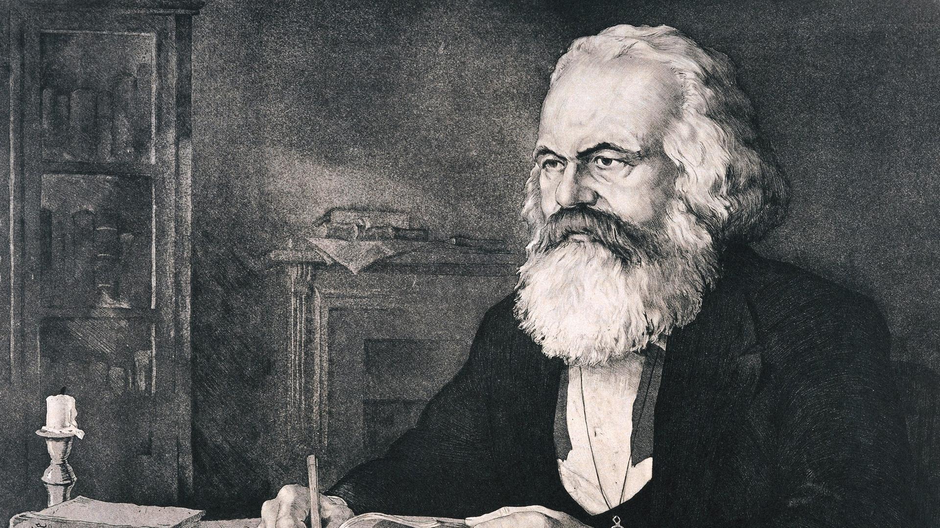Der deutsche Philosoph, Schriftsteller und Politiker Karl Marx in einer Aquatinta-Radierung von Werner Ruhner "Karl Marx in seinem Arbeitszimmer in London". Marx verfasste 1848 zusammen mit Friedrich Engels das "Kommunistische Manifest". Er ist der Begründer des modernen dialektisch-materialistischen Sozialismus, des Marxismus, aus dem heraus sich die Sozialdemokratie und der Kommunismus entwickelt haben. Marx wurde am 5. Main 1818 in Trier geboren und starb am 14. März 1883 in London. Der deutsche Philosoph, Schriftsteller und Politiker Karl Marx in einer Aquatinta-Radierung von Werner Ruhner "Karl Marx in seinem Arbeitszimmer in London". Marx verfasste 1848 zusammen mit Friedrich Engels das "Kommunistische Manifest". Er ist der Begründer des modernen dialektisch-materialistischen Sozialismus, des Marxismus, aus dem heraus sich die Sozialdemokratie und der Kommunismus entwickelt haben. Marx wurde am 5. Main 1818 in Trier geboren und starb am 14. März 1883 in London.