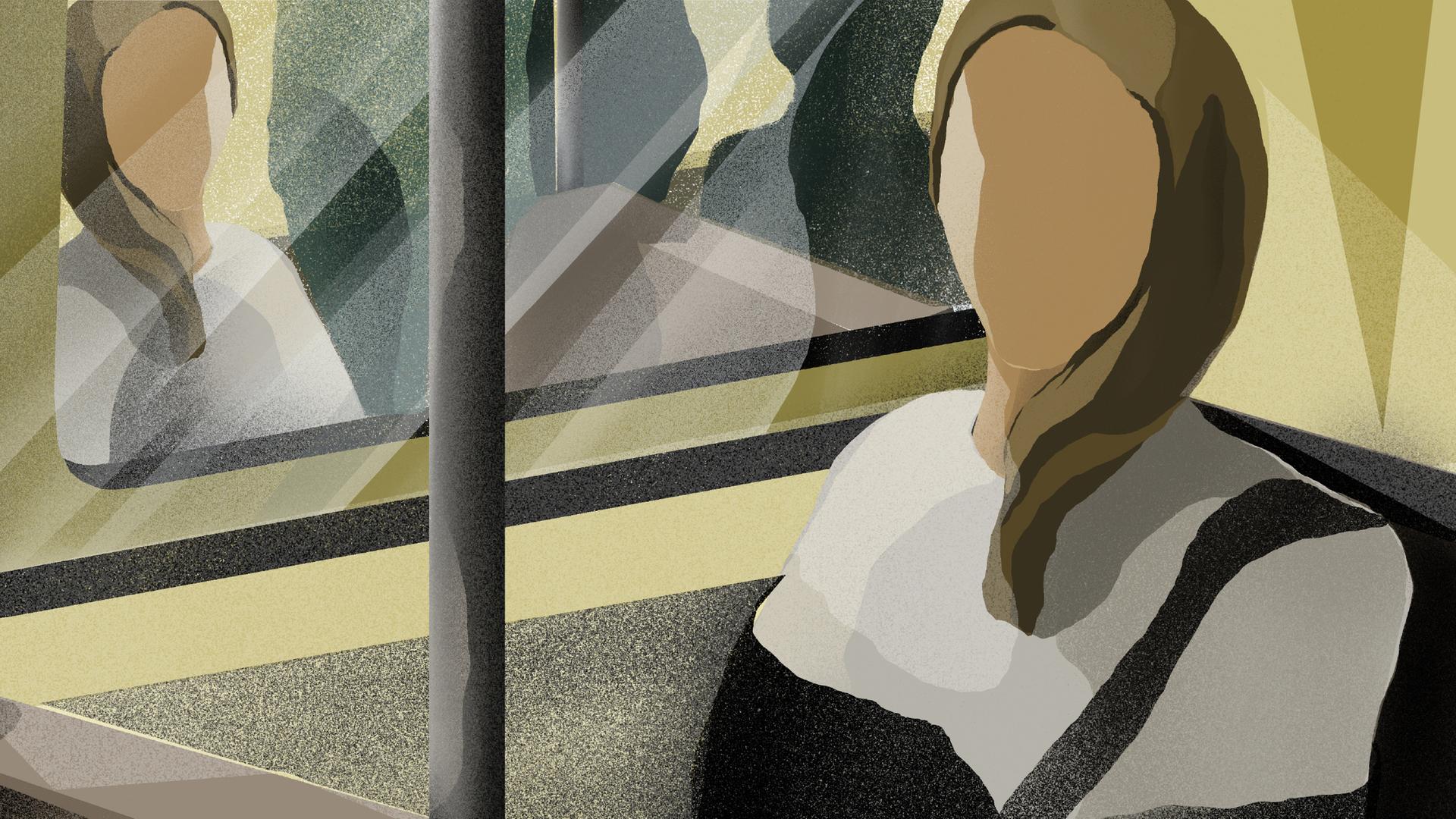 Die Illustration zeigt die Schemen einer Frau, die anscheinend in einer S-Bahn sitzt. Sie wird durch ein Fenster von einer anderen Frau aus einem anderen S-Bahn-Wagen beobachtet. Die Illustration zeigt die Schemen einer Frau, die anscheinend in einer S-Bahn sitzt. Sie wird durch ein Fenster von einer anderen Frau aus einem anderen S-Bahn-Wagen beobachtet.
