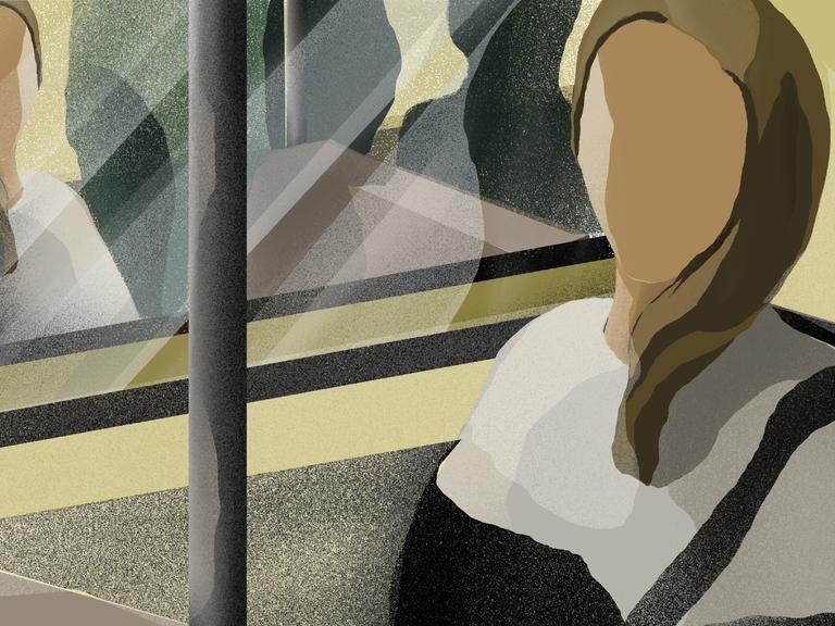 Die Illustration zeigt die Schemen einer Frau, die anscheinend in einer S-Bahn sitzt. Sie wird durch ein Fenster von einer anderen Frau aus einem anderen S-Bahn-Wagen beobachtet.