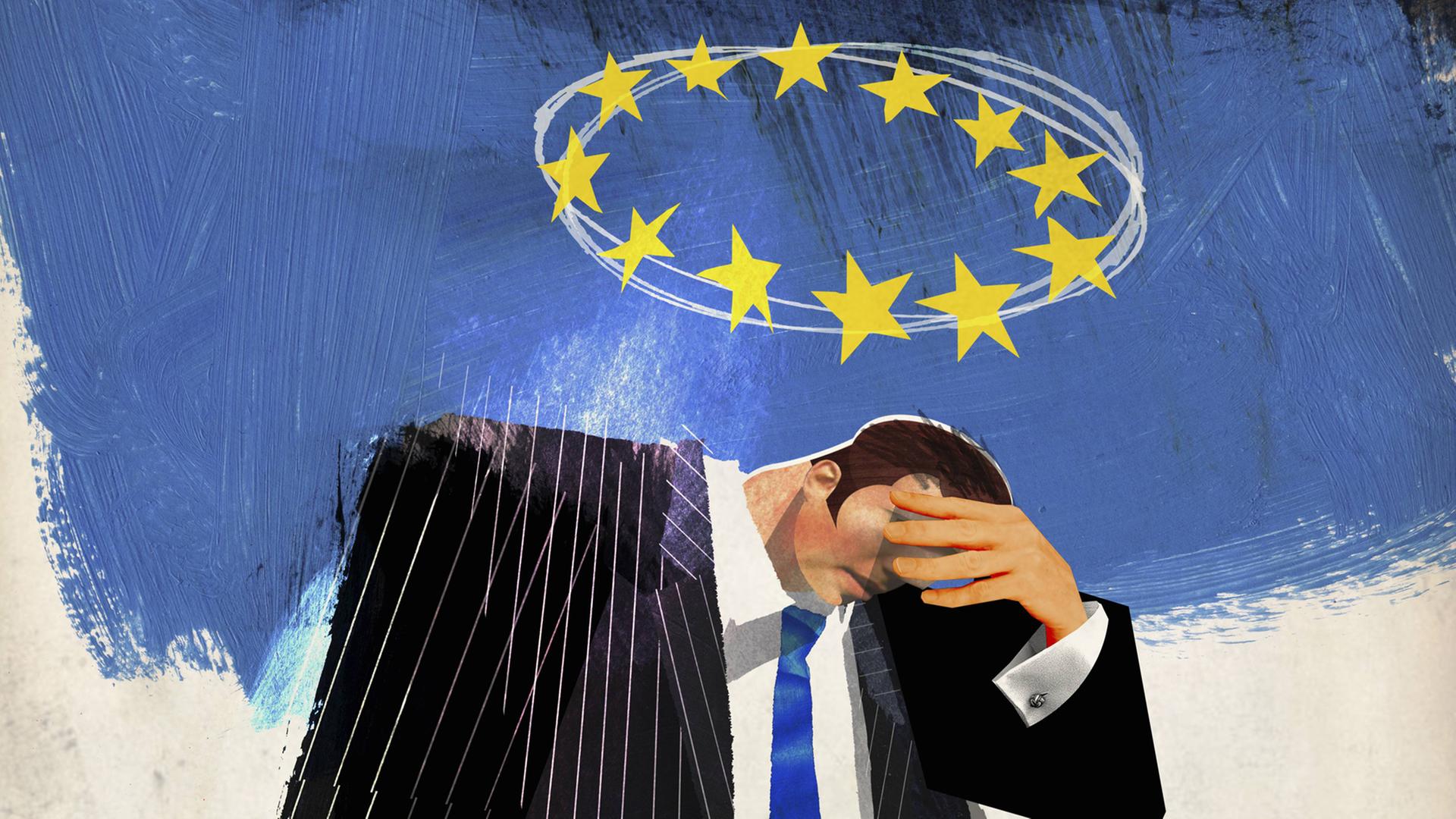 Ein Mann greift sich verzweifelt an den Kopf, über ihm schwebt der Kranz mit den 12 EU-Sternen (Illustration). Ein Mann greift sich verzweifelt an den Kopf, über ihm schwebt der Kranz mit den 12 EU-Sternen (Illustration).
