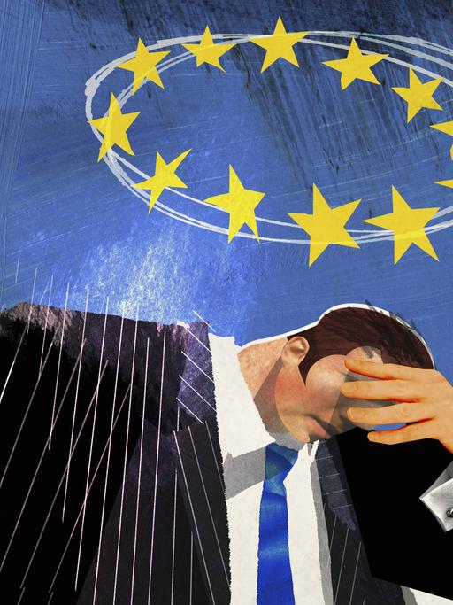 Ein Mann greift sich verzweifelt an den Kopf, über ihm schwebt der Kranz mit den 12 EU-Sternen (Illustration).