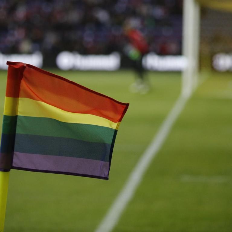 Eine Regenbogenflagge steckt im Rasen bei einem Fußballspiel.