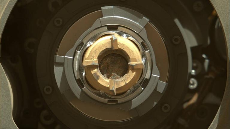 Gestein ist im Inneren des Probenröhrchens des Rovers Perseverance zu sehen.