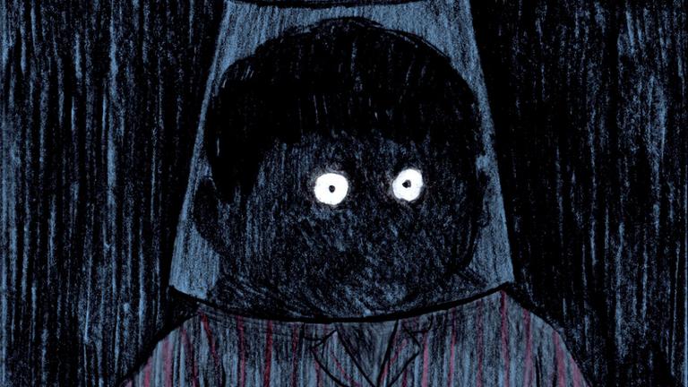 Szene aus einem Comic: Zu sehen ist eine Gestalt in Dunkelheit, die einen Pyjama trägt und einen leicht durchsichtigen Gegenstand, ähnlich einer Tüte, über den Kopf gezogen hat.