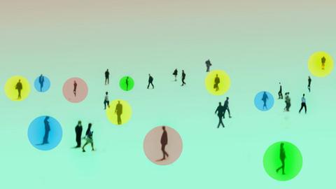 Illustration: Mehrere Menschen laufen über eine grüne Fläche, über manchen von ihnen sind bunte Kreise.