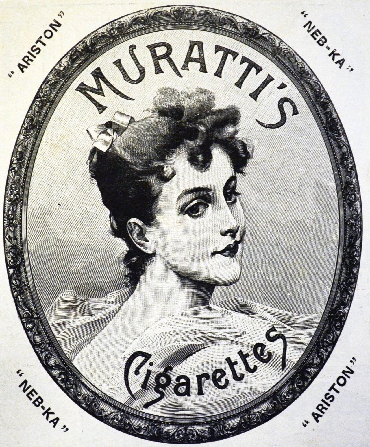 Die Zigarettenwerbung zeigt eine hübsche junge Frau in einem ovalen Bildrahmen mit der Aufschrift "Muratti's Cigarettes"