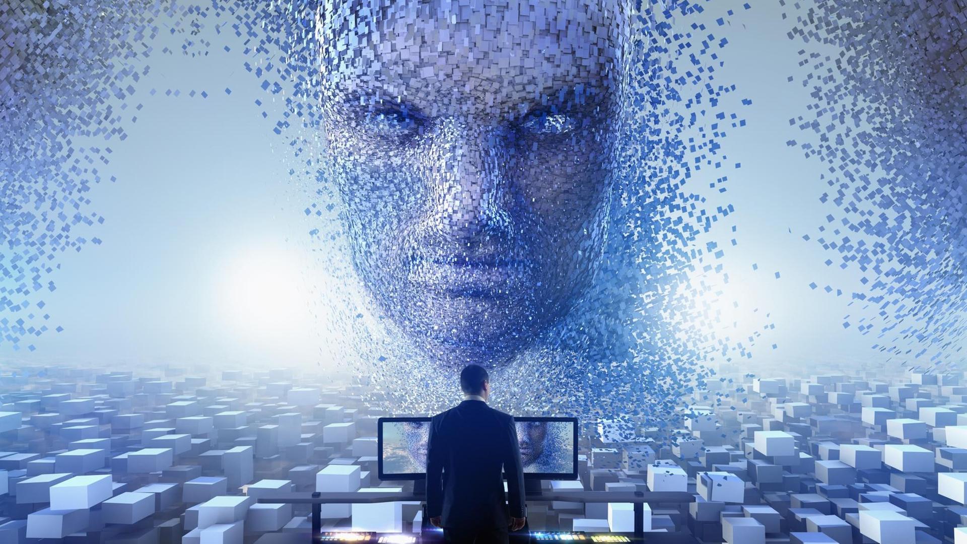 In einer Computeranimation fliegt ein böse aussehendes Gesicht, welches sich in Fetzen auflöst, auf einen Mann, der vor mehreren Bildschirmen steht, zu.