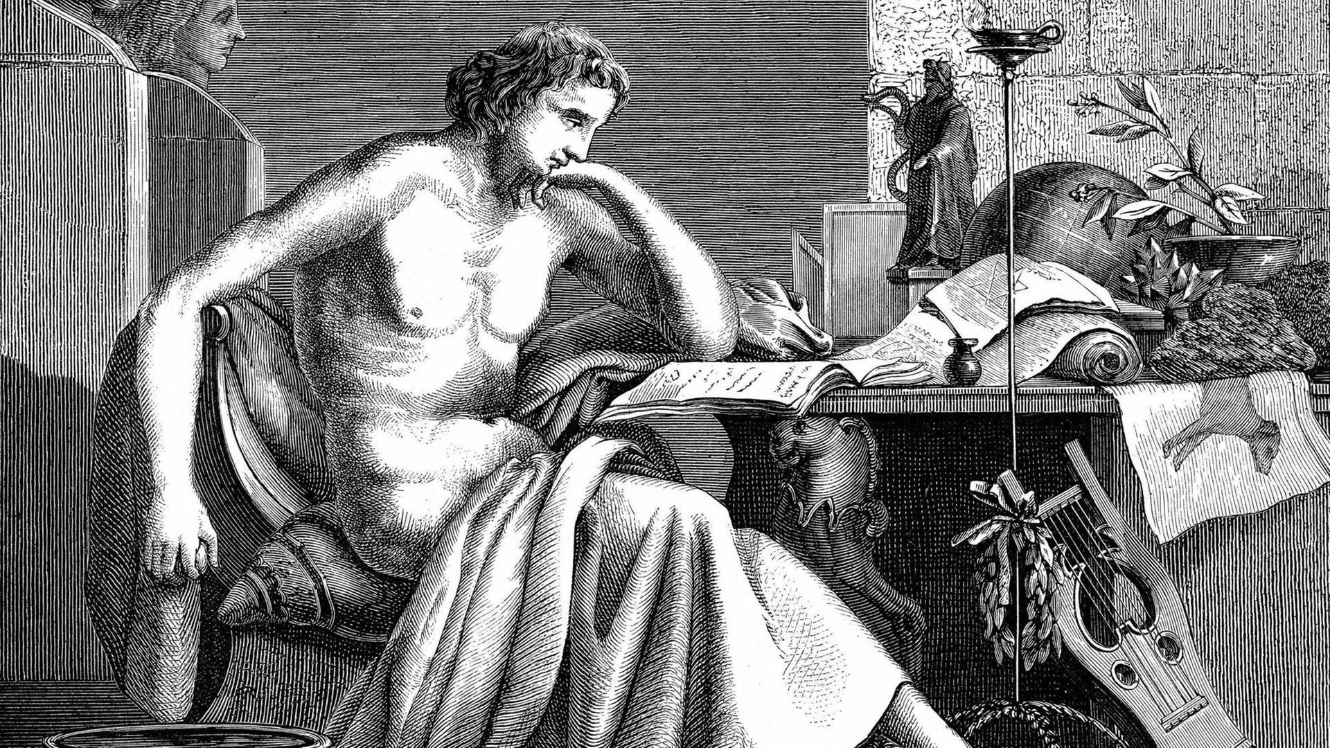 Historische Zeichnung des griechischen Philosophen Aristoteles (384-322 v.Chr.) als junger Mann in seinem Studienraum. Historische Zeichnung des griechischen Philosophen Aristoteles (384-322 v.Chr.) als junger Mann in seinem Studienraum.
