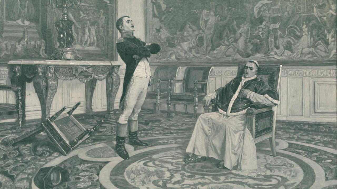 Gemälde von Napoleon Bonaparte, der mit verschränkten Armen vor Papst Pius VII. steht. Gemälde von Napoleon Bonaparte, der mit verschränkten Armen vor Papst Pius VII. steht.