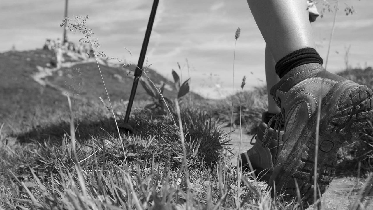 Wanderstiefel in Nahaufnahme bei einer Alpenüberquerung. Wanderstiefel in Nahaufnahme bei einer Alpenüberquerung.