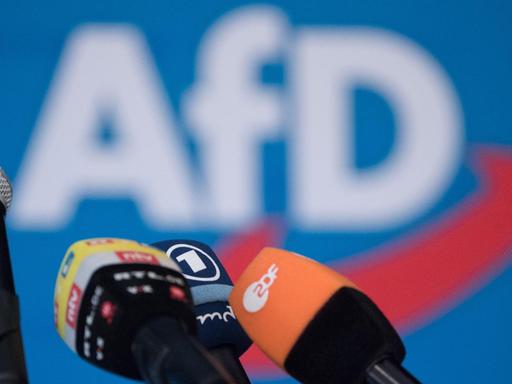 Die Mikrofone verschiedener Medien stehen anlässlich einer Wahlkampfveranstaltung der AfD auf dem Rednerpult.