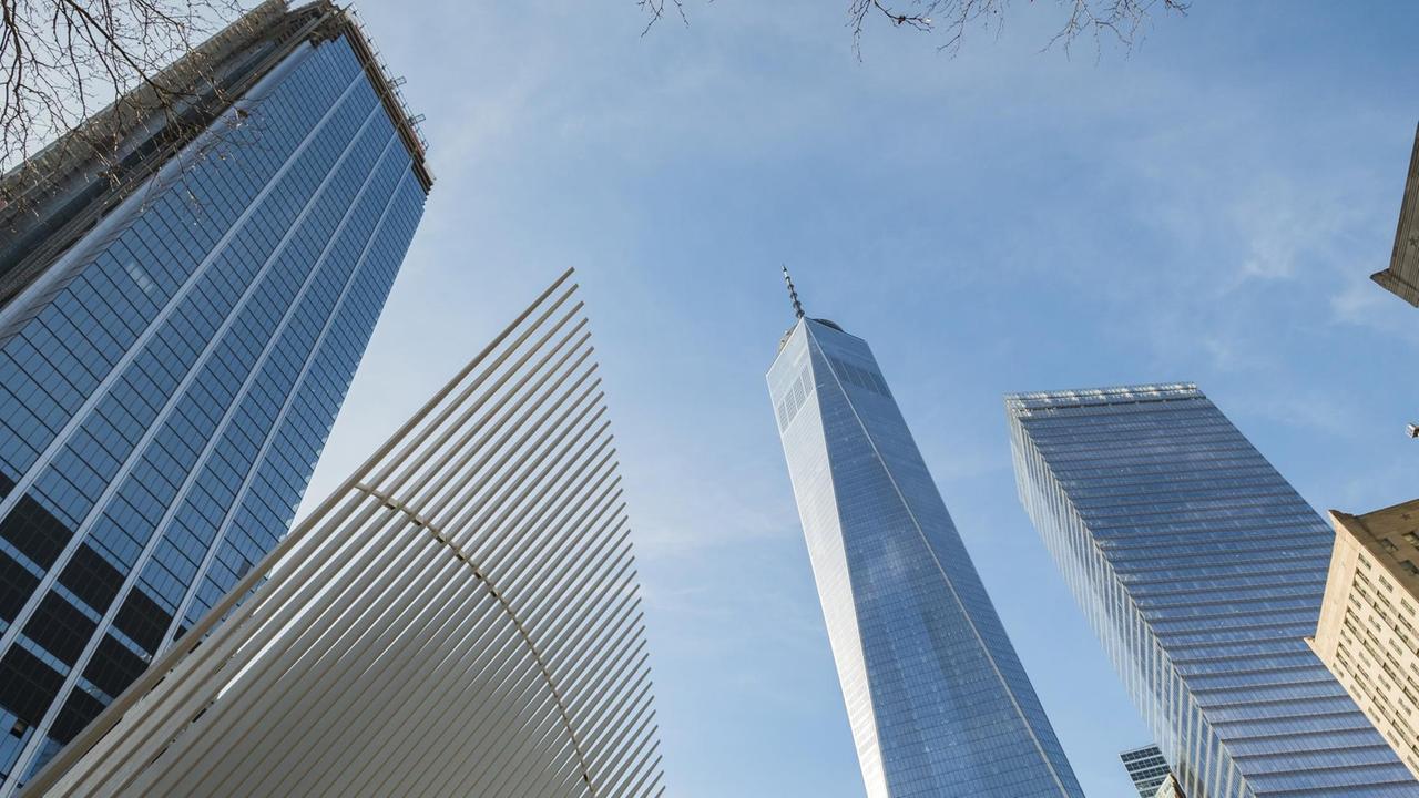 Hochhäuser in Glas-und Stahlkonstruktion ragen in den blauen New Yorker Himmel, aus der Froschperspektive betrachtet. 