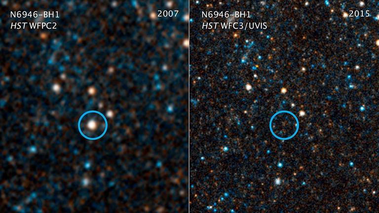 Der Stern, der vor ein paar Jahren zunächst langsam heller wurde (links), ist mittlerweile von der Bildfläche verschwunden (NASA)