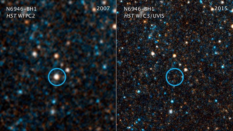 Der Stern, der vor ein paar Jahren zunächst langsam heller wurde (links), ist mittlerweile von der Bildfläche verschwunden (NASA) Der Stern, der vor ein paar Jahren zunächst langsam heller wurde (links), ist mittlerweile von der Bildfläche verschwunden (NASA)