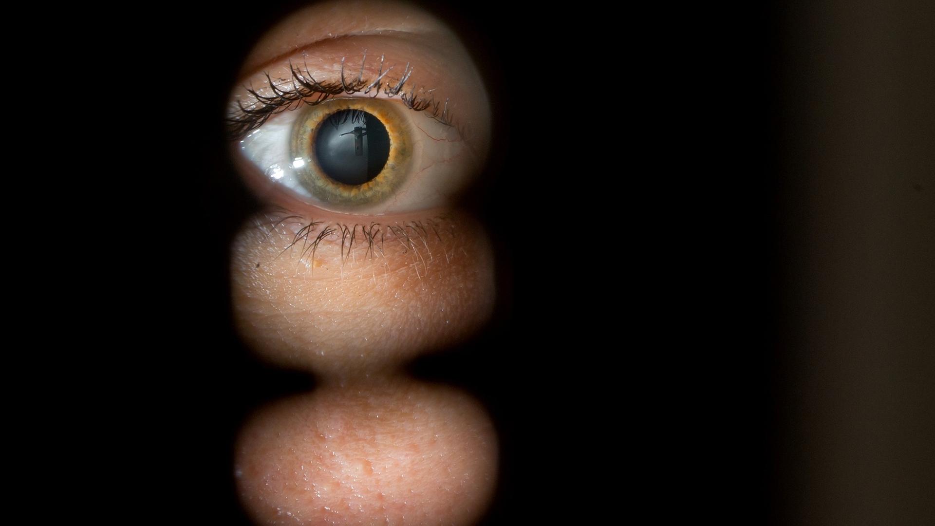 Ein Auge blickt durch ein Schlüsselloch. Ein Auge blickt durch ein Schlüsselloch.