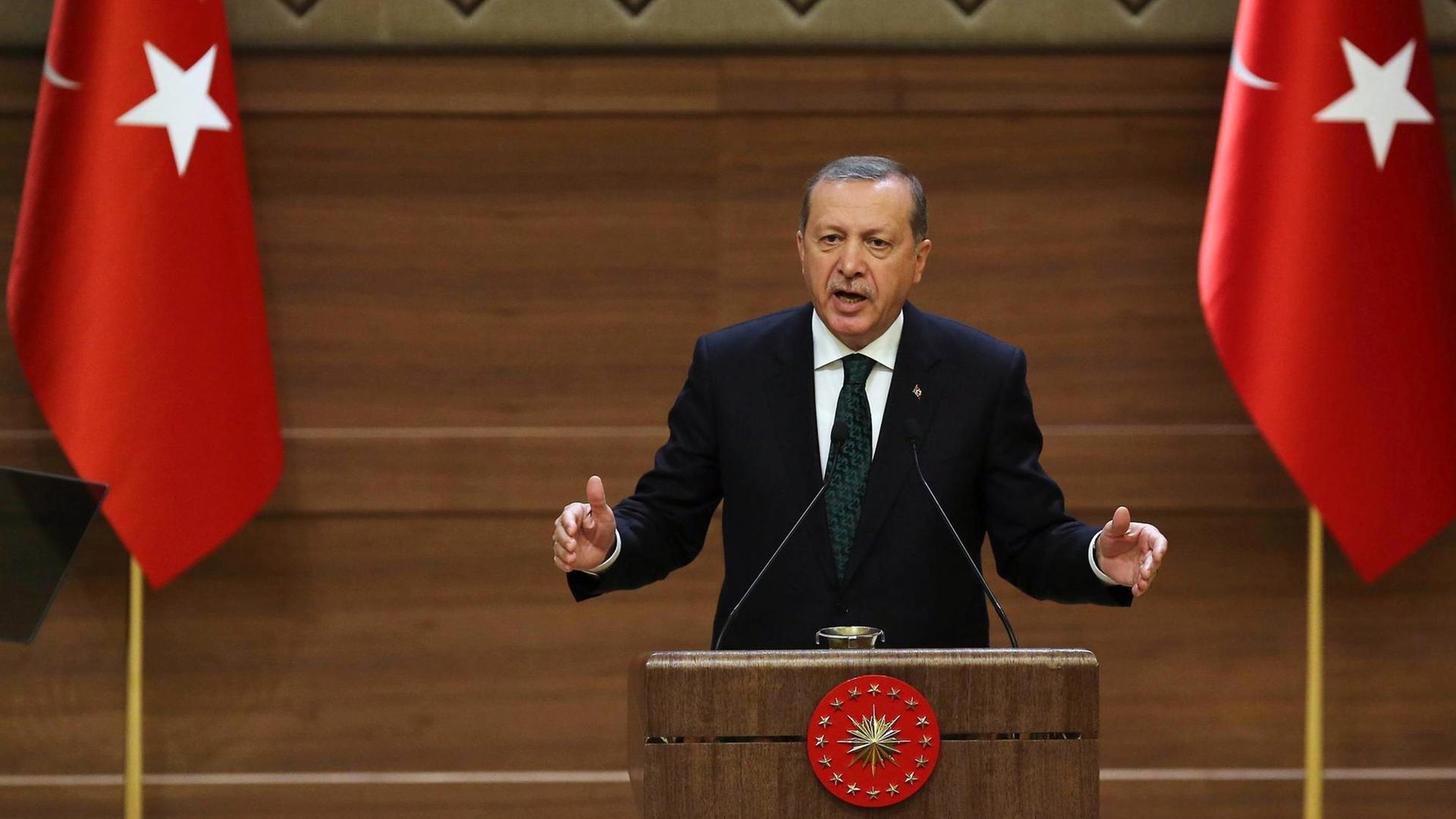 Der türkische Präsident Recep Tayyip Erdogan gestikuliert während einer Rede im Präsidentenpalast. Der türkische Präsident Recep Tayyip Erdogan gestikuliert während einer Rede im Präsidentenpalast.