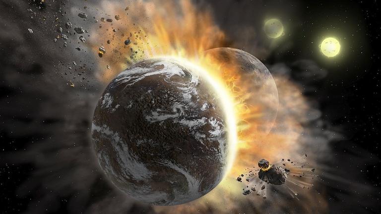 Eine zeichnerische Darstellung der Kollision zweier Planeten, durch die diese wachsen. Eine zeichnerische Darstellung der Kollision zweier Planeten, durch die diese wachsen.