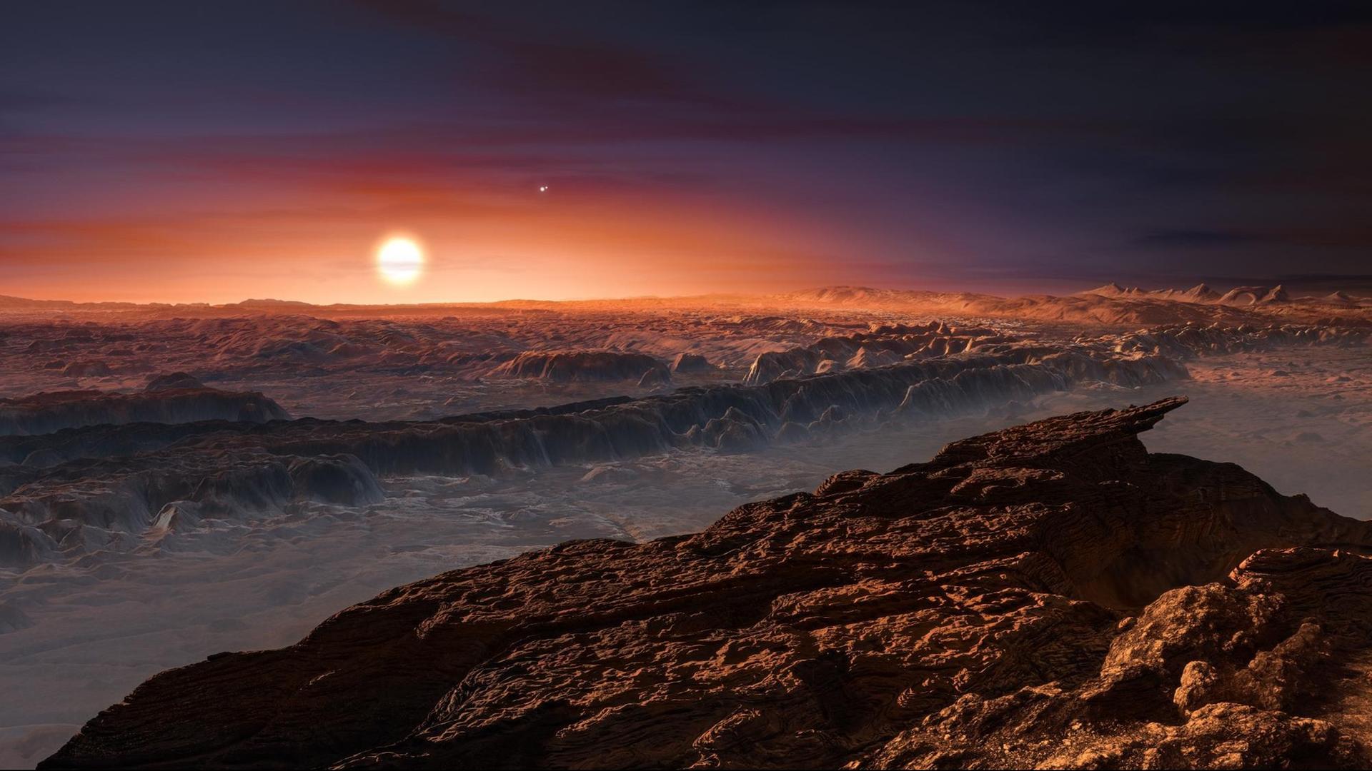 Eine künstlerische Darstellung des Planeten Proxima b mit dem Stern Proxima Centaueri am Horizont Eine künstlerische Darstellung des Planeten Proxima b mit dem Stern Proxima Centaueri am Horizont