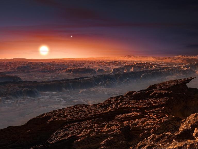 Eine künstlerische Darstellung des Planeten Proxima b mit dem Stern Proxima Centaueri am Horizont