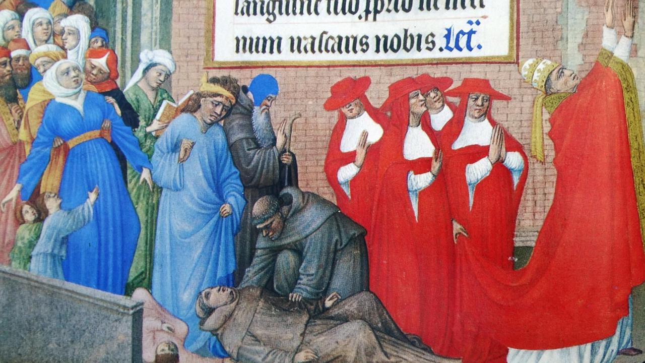 Mittelalterliche Darstellung einer Prozession mit Papst Gregor den Großen an der Spitze, ihm folgen Kardinäle, Mönche, Einsiedler, Männer, Frauen und Kinder.