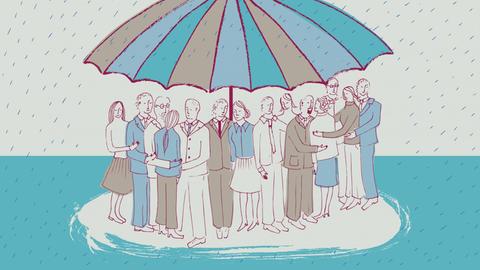 Illustration von einer Gruppe Menschen, die bei Regen unter einem Schirm und auf einer kleinen Sandbank im Wasser stehen.