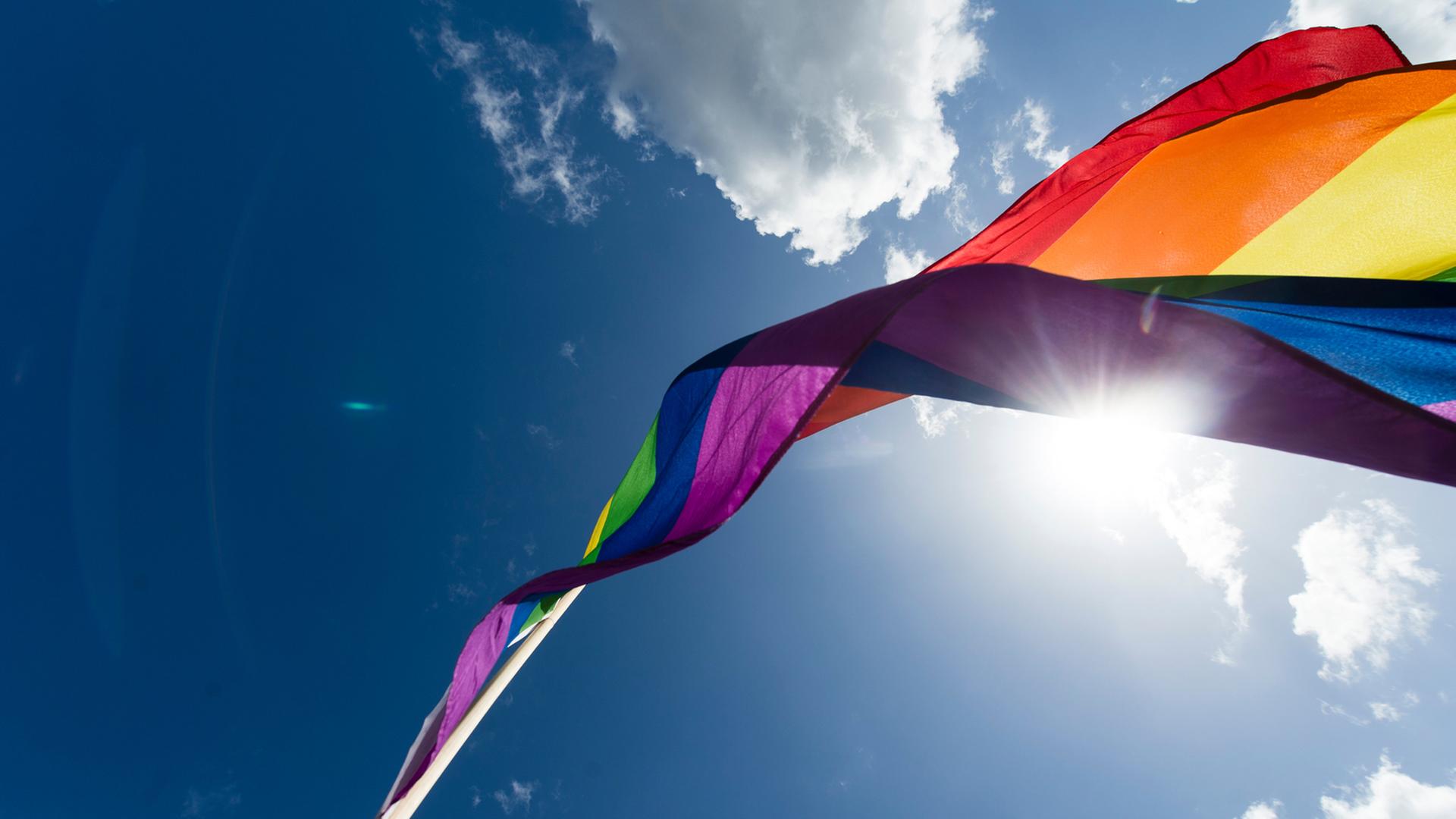 Gegen Homophobie und Transphobie: Regenbogenfahne in Berlin Gegen Homophobie und Transphobie: Regenbogenfahne in Berlin