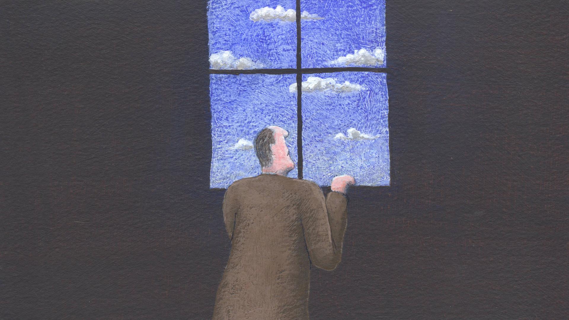 Ein Mann in einem dunklen Zimmer blickt hoffnungsvoll aus dem Fenster. Ein Mann in einem dunklen Zimmer blickt hoffnungsvoll aus dem Fenster.