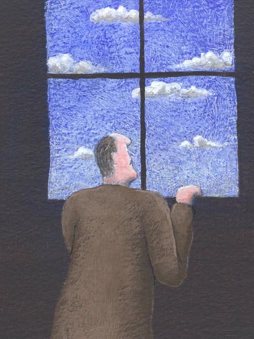 Ein Mann in einem dunklen Zimmer blickt hoffnungsvoll aus dem Fenster.