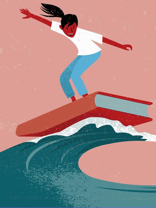 Ein junges Mädchen surft auf einem Schulbuch.