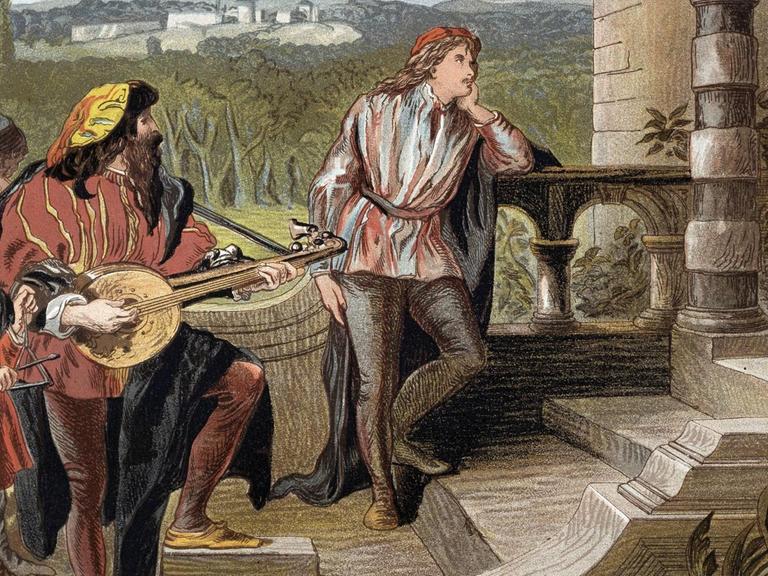 Eine Farblithographie von John Gilbert um etwa 1860 zeigt eine Szene aus Shakespeares "Die beiden Veroneser".