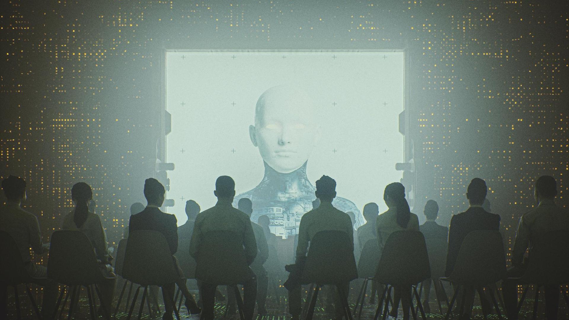 Ein 3D-generiertes Bild mit der Darstellung einer Künstlichen Intelligenz, die vor einer sitzenden Personengruppe auf einen Bildschirm projeziert wird. Ein 3D-generiertes Bild mit der Darstellung einer Künstlichen Intelligenz, die vor einer sitzenden Personengruppe auf einen Bildschirm projeziert wird.