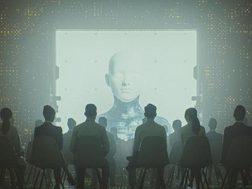 Ein 3D-generiertes Bild mit der Darstellung einer Künstlichen Intelligenz, die vor einer sitzenden Personengruppe auf einen Bildschirm projeziert wird.