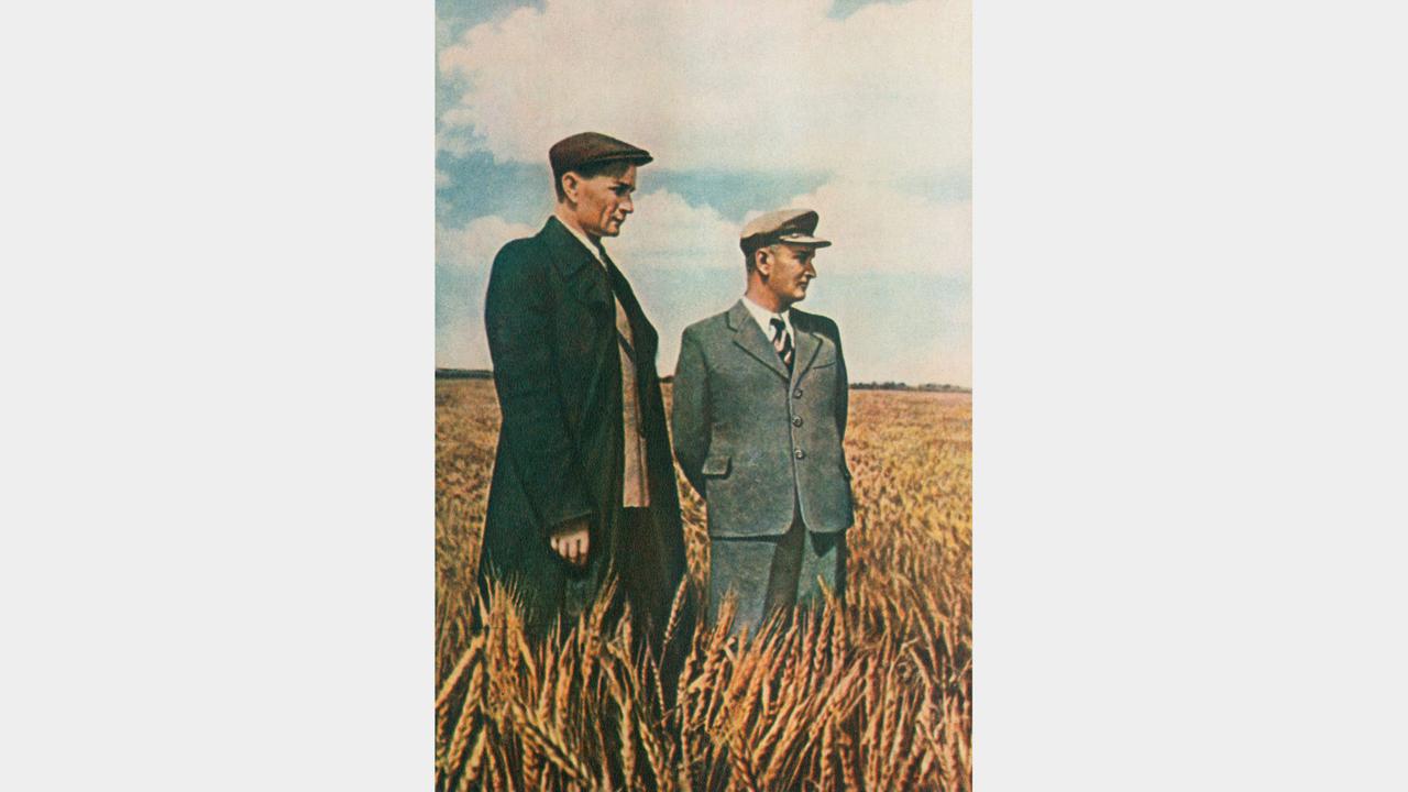 Trofim Lyssenko (links) auf einer Versuchsfarm der Sowjetischen Akademie der Landwirtschaftswissenschaften, 1949. Trofim Lyssenko (links) auf einer Versuchsfarm der Sowjetischen Akademie der Landwirtschaftswissenschaften, 1949.