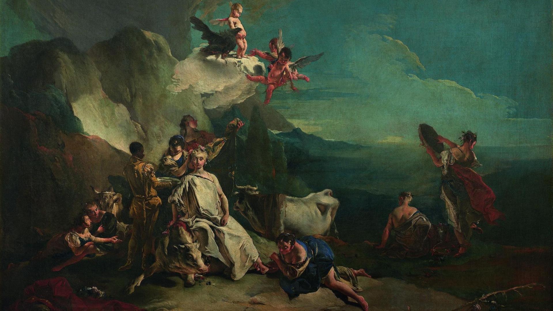 Giovanni Battista Tiepolos "Raub der Europa": Ein Stier, der unter dem Gewicht der Europa in die Knie gesunken ist. Ein Diener mit einem leeren Tablett, eine verblüfft dreinschauende Zofe, ein von einer Wolke herunter urinierender Putto. Giovanni Battista Tiepolos "Raub der Europa": Ein Stier, der unter dem Gewicht der Europa in die Knie gesunken ist. Ein Diener mit einem leeren Tablett, eine verblüfft dreinschauende Zofe, ein von einer Wolke herunter urinierender Putto.