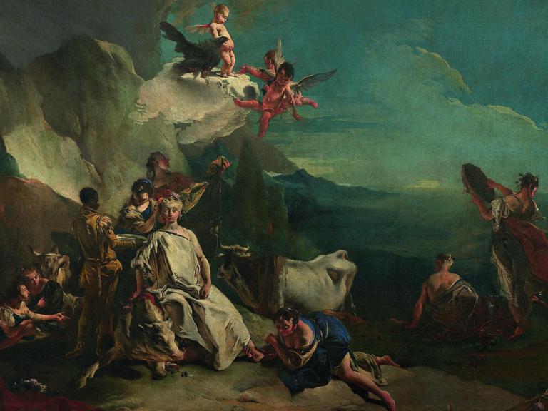 Giovanni Battista Tiepolos "Raub der Europa": Ein Stier, der unter dem Gewicht der Europa in die Knie gesunken ist. Ein Diener mit einem leeren Tablett, eine verblüfft dreinschauende Zofe, ein von einer Wolke herunter urinierender Putto.